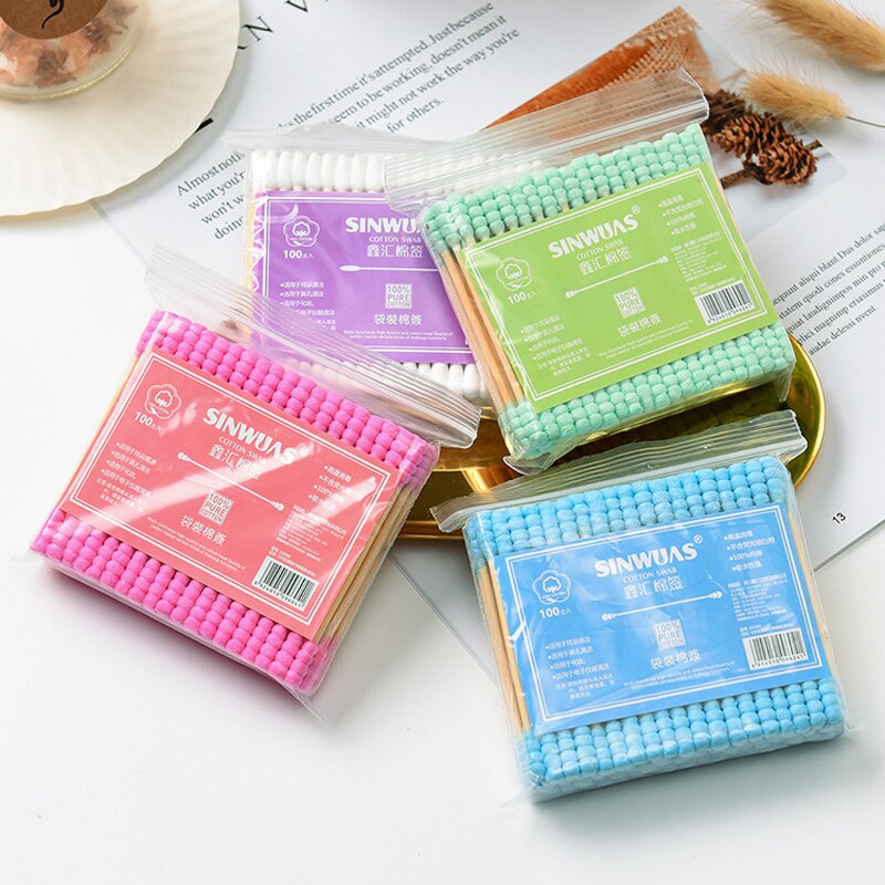 1Pack Disposable Cotton Swab for Nose Ears Face Lip Cleaning Wood Sticks Buds Cotton Swab Double-ended Swab Makeup Remover