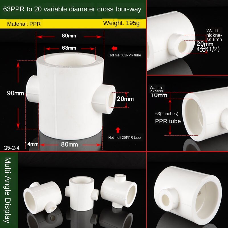 PPR Pipe Variable Diameter Four-way Joint 20/25/32/40/50/63/75 Turn 1/2 Inch 3/4 Inch 1 Inch PPR Water Pipe Fittings: 63-20 Reducer