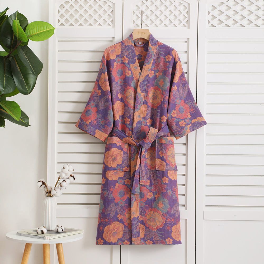 Albornoz de gasa de doble capa de algodón puro para primavera/verano, tela fina teñida, ropa de hogar para parejas, bata tipo kimono de estilo japonés, pijama