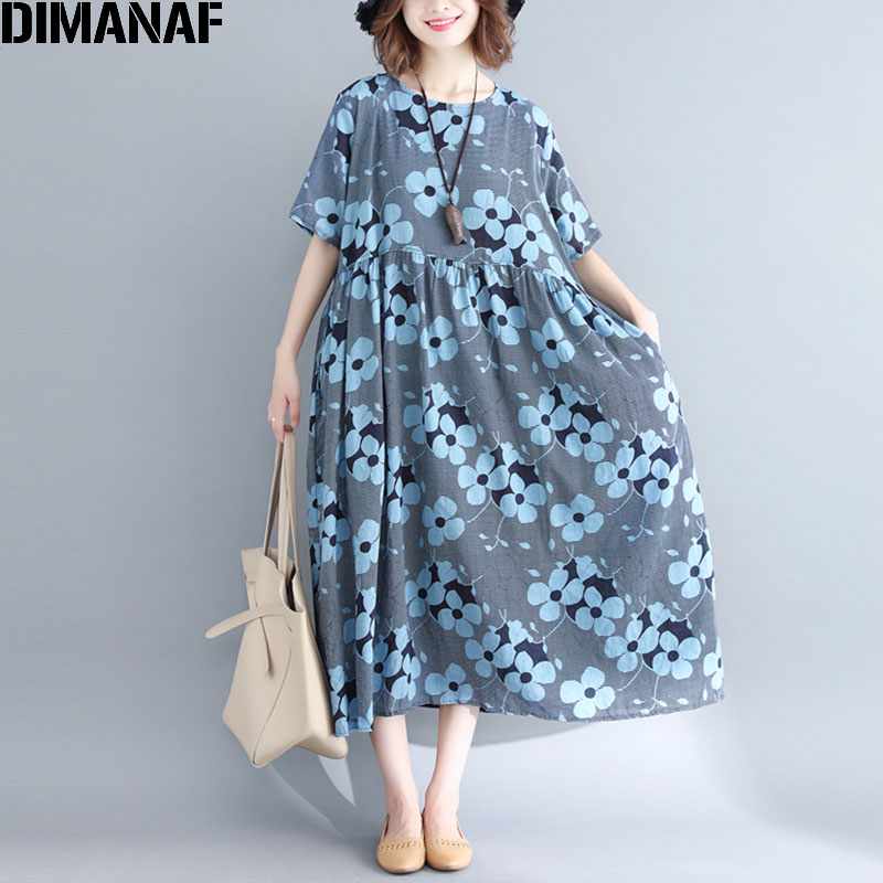 DIMANAF-vestido de lino de talla grande Vintage para mujer, vestido holgado de talla grande, azul, para playa y vacaciones de verano,