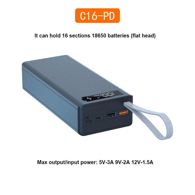 16*18650 batteri power bank taske oplader boks holder dobbelt usb lcd display support hurtig &amp; trådløs opladning til iphone 13 xr 12: Pd hurtig sort