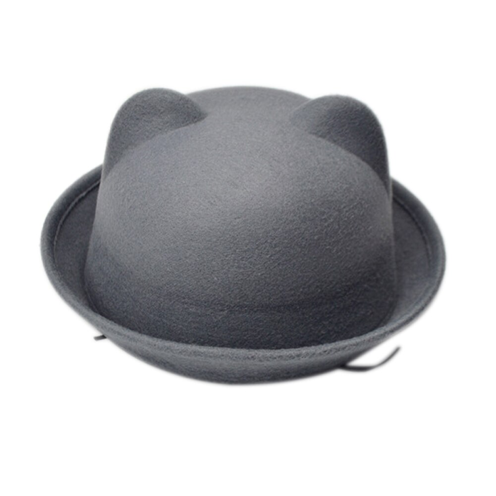 Women Cat Ears Cap Jazz Bowler Felt Fedora Hat Spring Autumn Cylinder Caps Bonnet: Gray