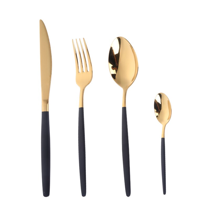Juego de cubiertos de lujo de acero inoxidable, cuchillos, tenedores, cucharas, cubiertos de comida, mango rojo, pulido dorado, 4-24 Uds.: 6 sets (24pcs) / black gold