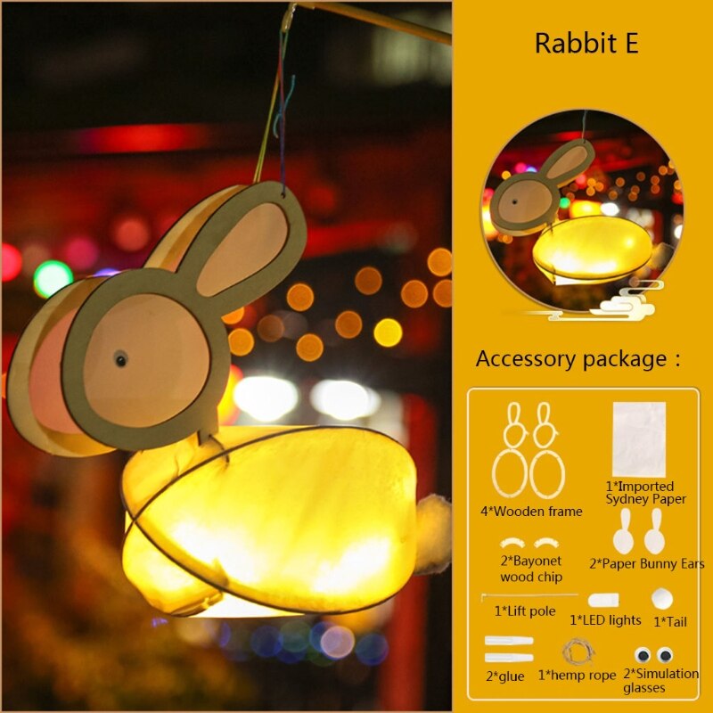 Mid-Autumn Festival DIY Handmade Wooden Lantern Material Package with LED Light Cute Rabbit Shape Hanging Lamp Decor Lantern: 5