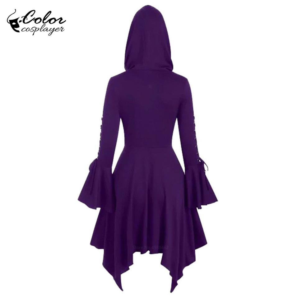 Colore cosplayer con cappuccio abito medievale donna Halloween costume cosplay abito da strega gotico abito a maniche lunghe abito da vampiro
