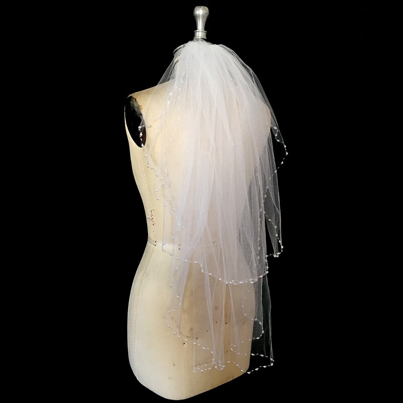 Elegante Parels Kralen Bruidssluier Korte 2 Lagen Wit Ivoor Tulle Vrouwen Bruiloft Sluier Accessoires