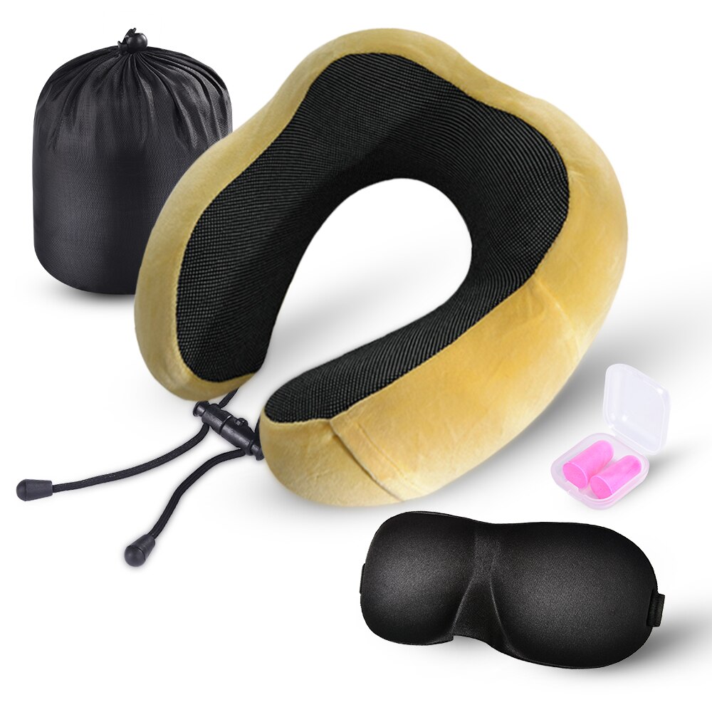 Travel Pillow Memory Foam Neck Pillow Airplane Travel Kit with 3D Eye Masks, Earplugs and Luxury Bag: yellow