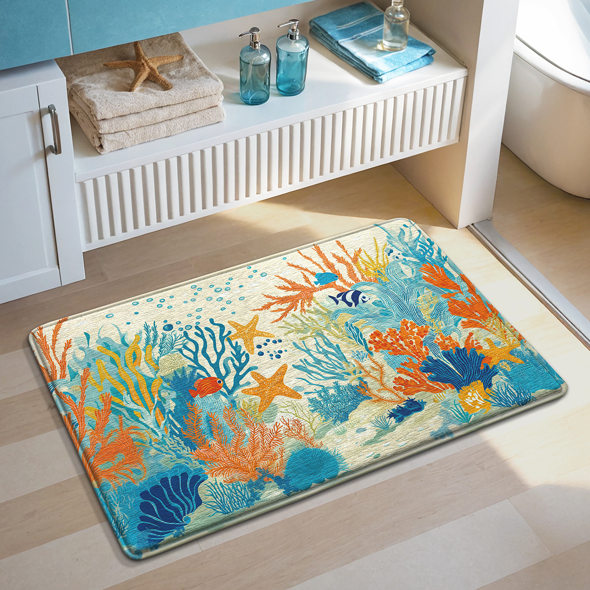 Alfombra de baño con temática oceánica - Alfombra de esponja ultrasuave - Absorción rápida y secado rápido - Antideslizante y agradable para la piel - Decoración del baño: Azul / 500MMx800MM