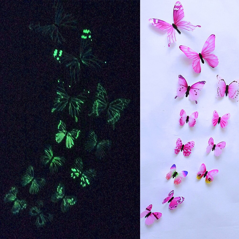 12 stk lysende sommerfugl lysende dyr klistermærke glød i mørket klistermærke fluorescerende fe månestjerner klistermærke børneværelse  z0224: Lyserød