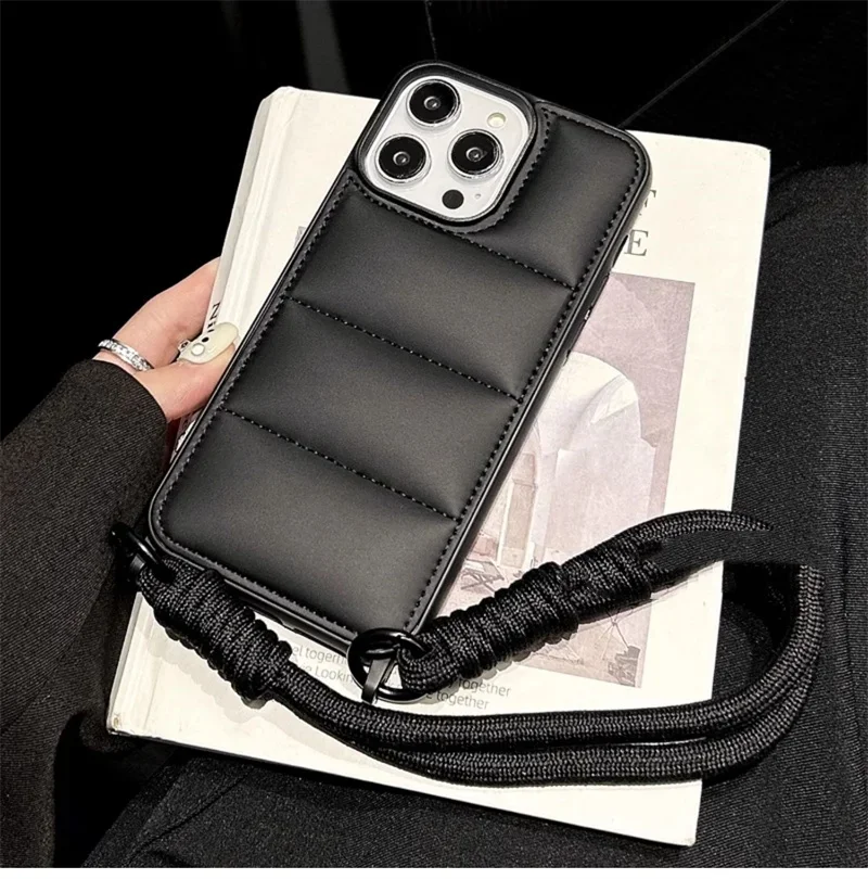 Ædel silikone med snor i dunjakke i ensfarvet blødt cover til iphone 16 15 plus 14 13 12 pro max 11 bærbart cover med kort reb: Pu / Sort