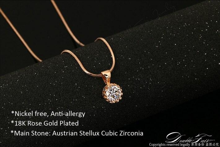 Double Fair Brand Unique Crown Cubic Zirconia Necklaces &Pendants White/Rose Gold Color Chain Jewelry For Women DFN390