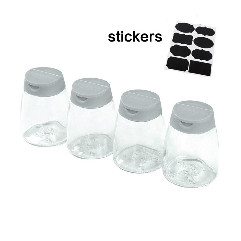4 Pcs Glas Kruiden Fles Met Deksel, Dubbele Opening Kruiden Jar, vier-Pack Keuken Peper En Zout Shaker, Met Stickers: gray