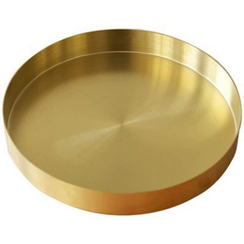Bandeja redonda dorada para maquillaje, metálica decorativa, organizador para tocador, baño, vestido, acabado de latón mate: C
