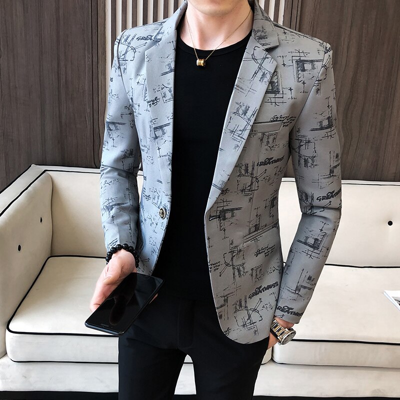 Lente koreaanse jas heren blazer print zakelijke jurk casual slim fit kostuum jas podium heren bruiloft blazer jas: Grijs / Koreaanse xxl