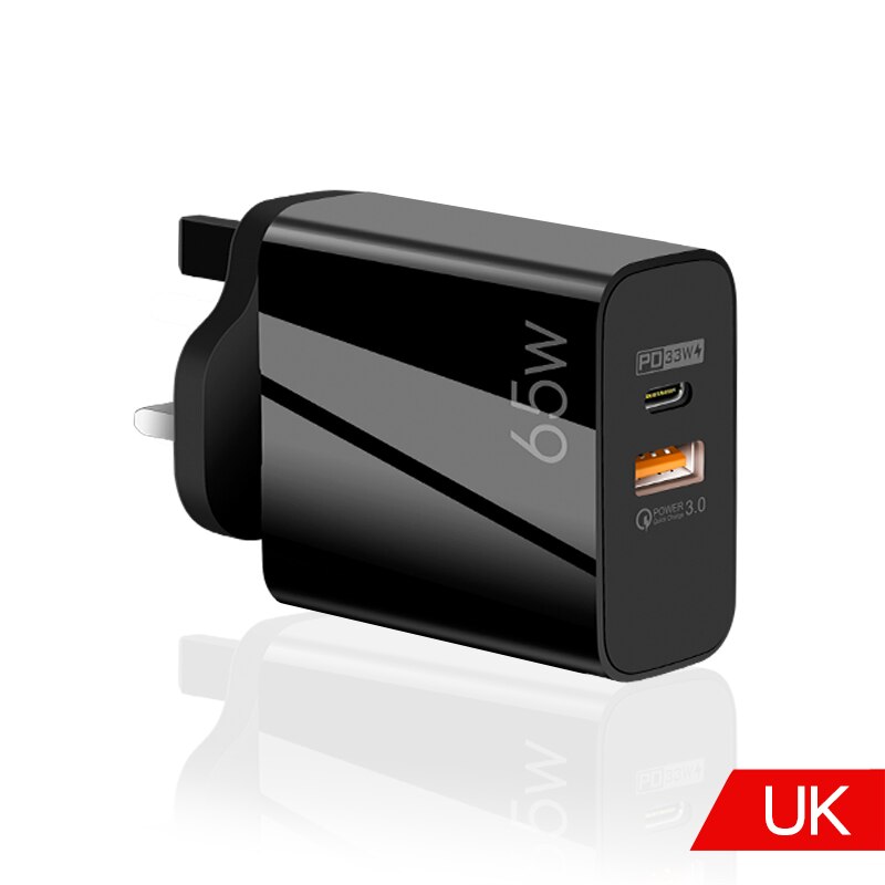 65w gan carregamento rápido pd usb c carregador para apple iphone 13 pro 12 11 ipad xiaomi samsung ue adaptador uk eua plug pd cabo de carga: Black UK