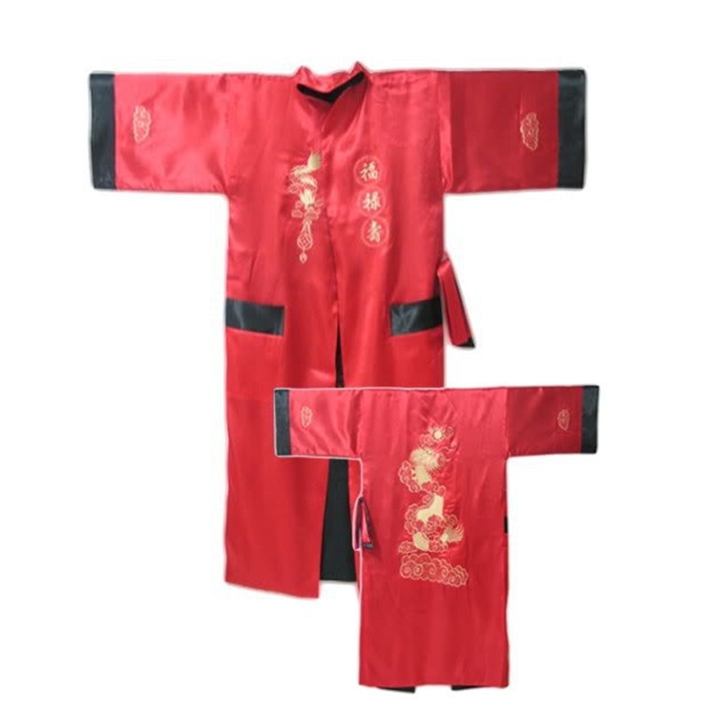 Burgunder svart vendbar kinesisk herre sateng silke #39 -ansikts kappe broderi kimono badekjole drage en størrelse  s3003