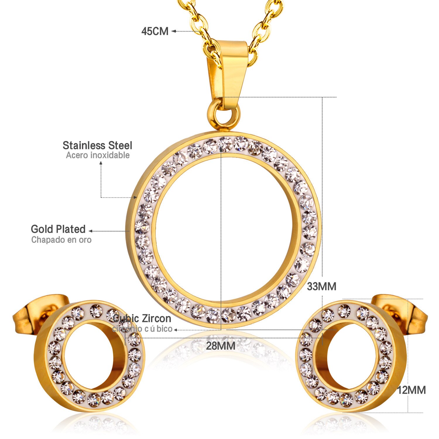 Goud Zirkoon Sieraden Sets Voor Vrouw Engagement Bruiloft Sieraden Valentijnsdag Rvs Ketting Earring: SE902401G