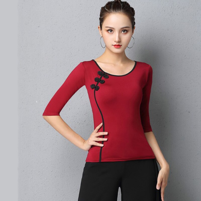 Latin dance practice clothes women's autumn dance clothes cheongsam modern dance practice tops: Red / M