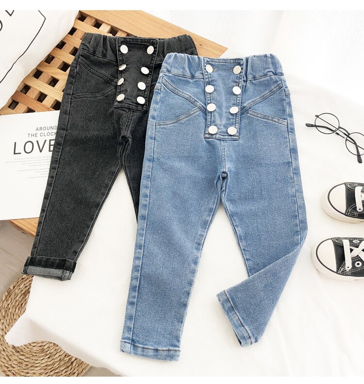 Skinny jeans för tjejer denim barn trasiga jeans för storlek 2 3 4 5 7 år knapp casual jeans solida barn tjejer jeans