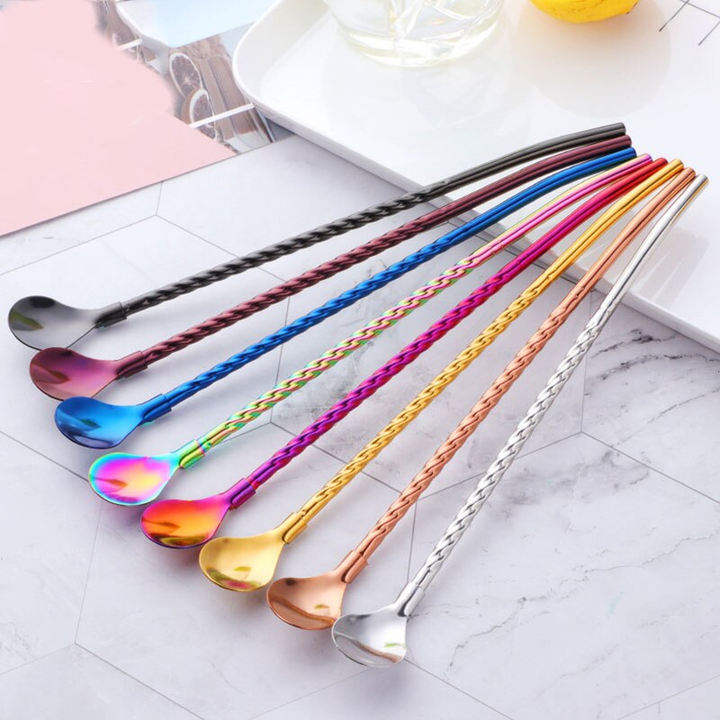 1Pc Lange Twisted Stro Lepel Draagbare Goud Thee Scoop Herbruikbare Gekleurde Rvs Rietjes Cocktail Koffie Roeren Lepel