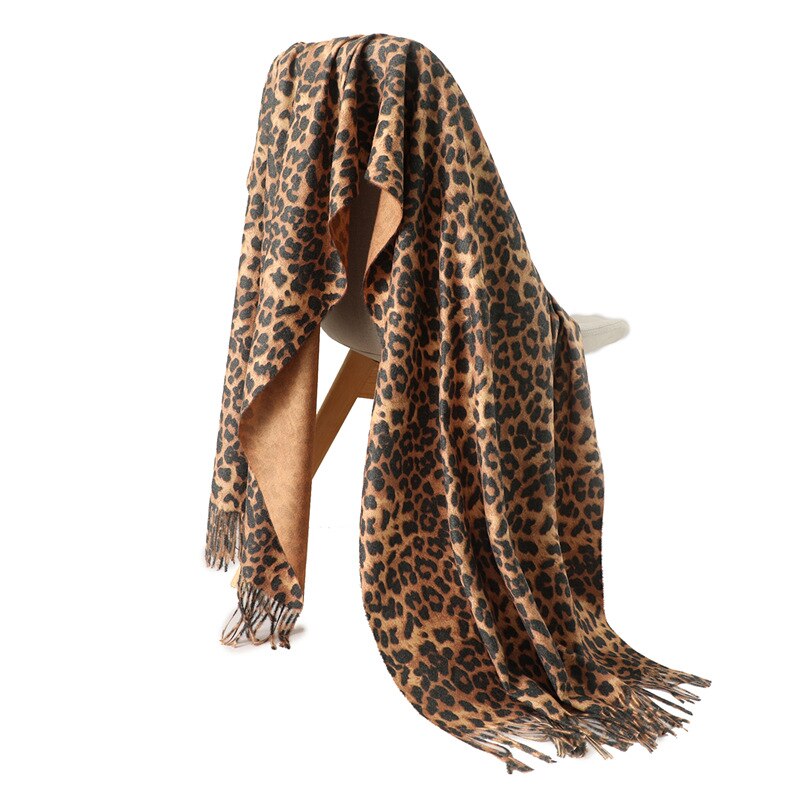 Leopardmönstrad halsduk dam dubbelsidig kashmirhalsduk vinter varm filt långa tofsar pashmina solida sjalar och omslag: 250g 5