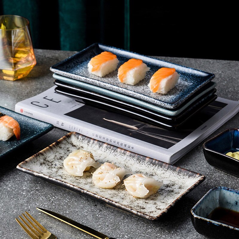 Prato de sushi retangular, prato de cerâmica, prato de carne quente, sobremesa de sashimi pratos japoneses
