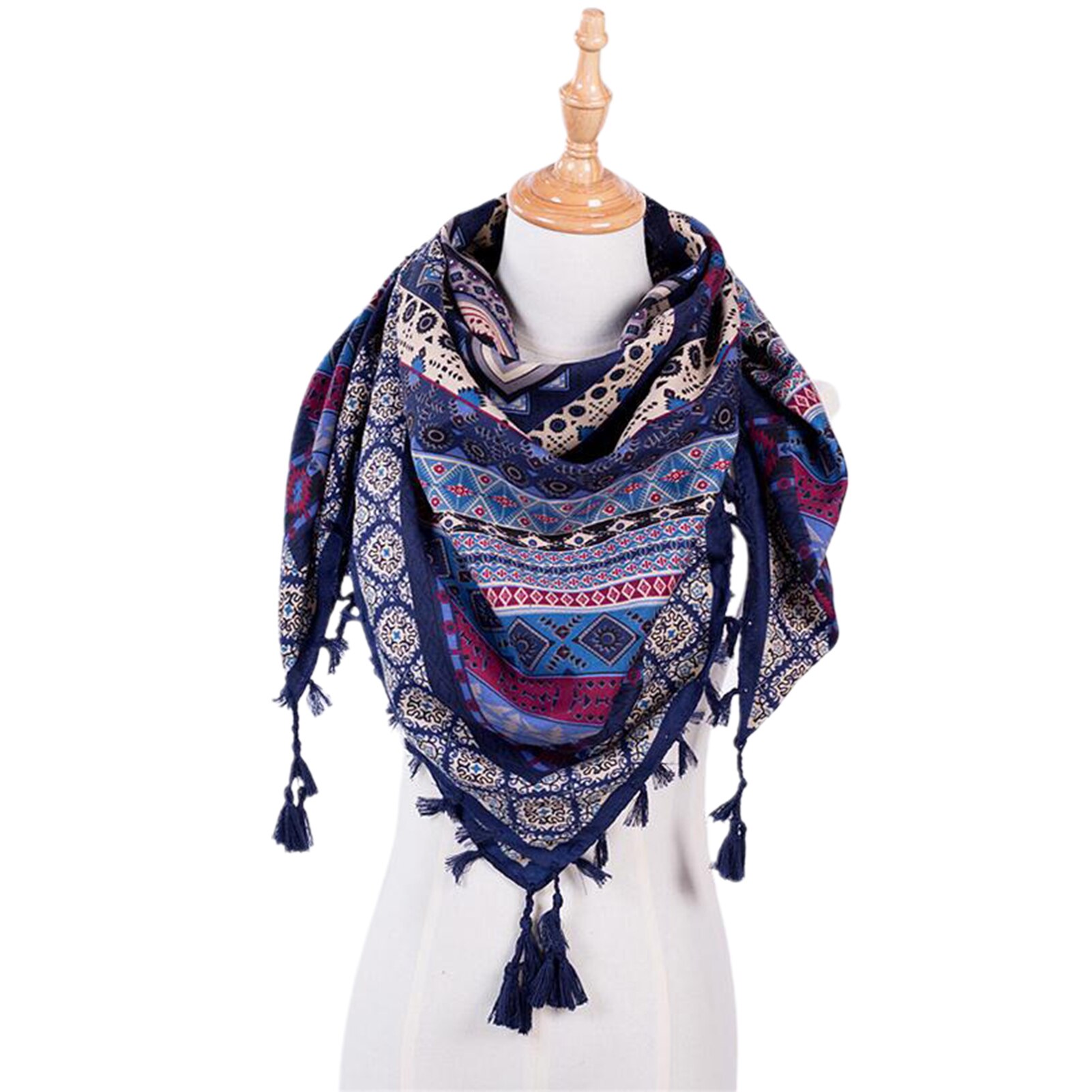 Boho tørklæde kvinder vinter bomuldsblandinger hals wrap lang varmt tørklæde etnisk print trekant kvast multifunktionelt sjal tørklæde