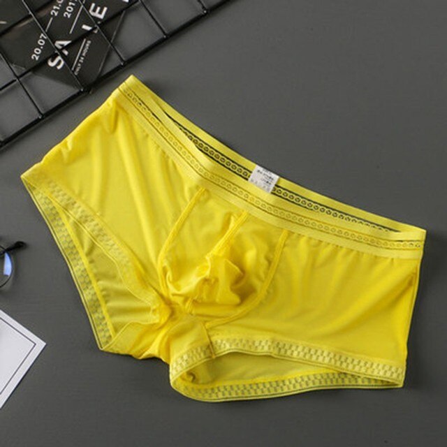 Men&#39;s Sexy Underwear Ice Silk Brief Pantie Low Waist Men Lingerie see through Pant Underpants Tangas Intimate man bottom shorts: Yellow flat angle / XXL