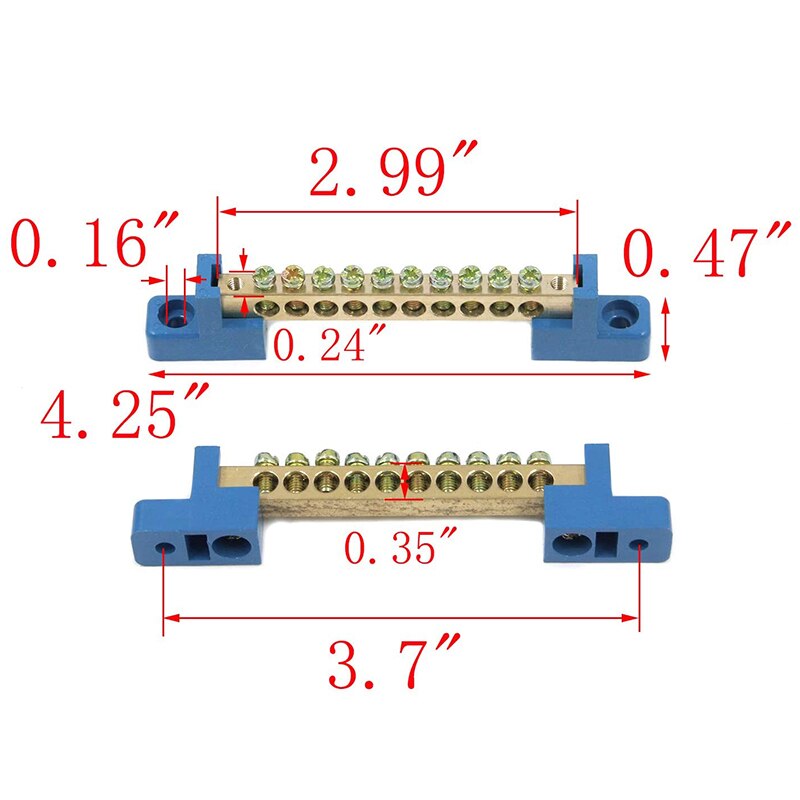 Terminal Block Blue Terminal Bus Bar 10 Positions Screw Brass Terminal Grounding Strip Bus Bar Block Pack of 5