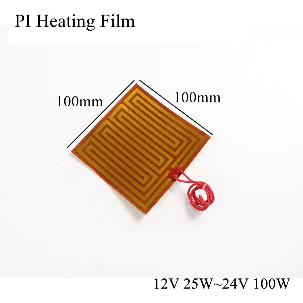 100 mmx 100mm 12v 25w 12v 90w 24v 100w pi varmefilmplade polyimid elektrisk opvarmet panelpudemåtte elektrotermisk fleksibel varmelegeme