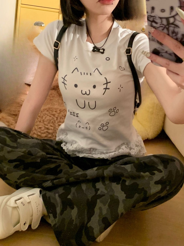 Blonde patchwork japansk kawaii søde t-shirts sommer kvinder  y2k æstetisk tegneserie kat tryk t-shirt harajuku grunge fe toppe