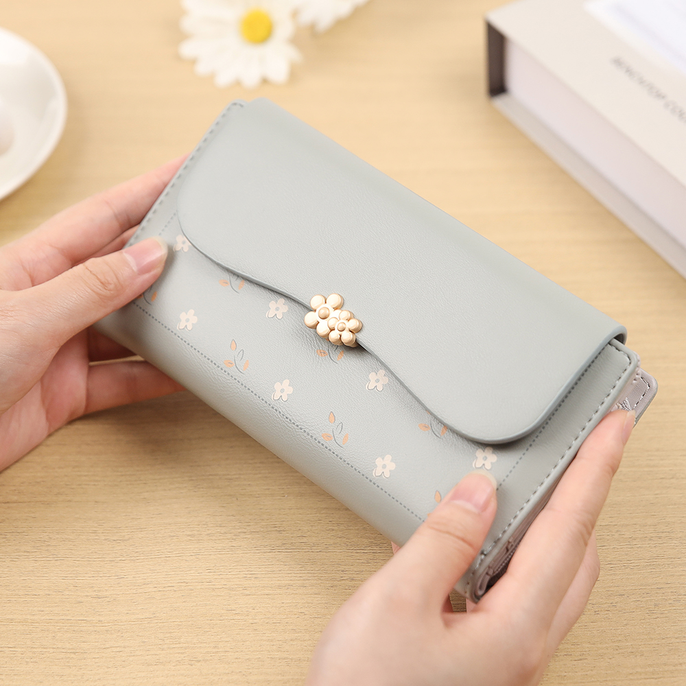 Lange damesportemonnee Koreaans PU-geprinte opvouwbare clutch met ritssluiting en gesp met meerdere kaarten, mode, alles, straat, populair, preppy stude