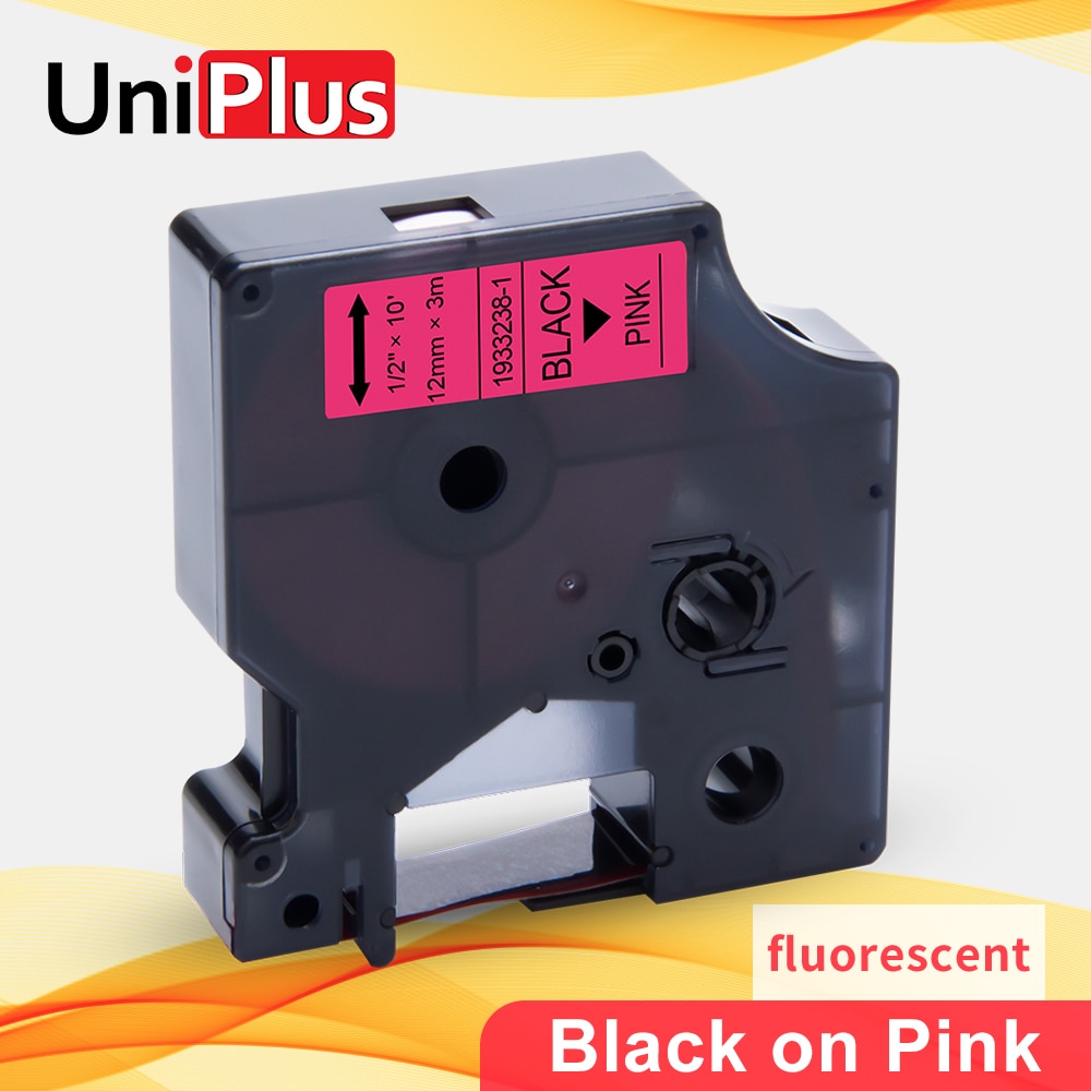 UniPlus Fluorescent Label Tape 12mm*3m Replace Dymo D1 Tape Black on Fluorescent Pink for Dymo Label Maker Printer 350 160 150