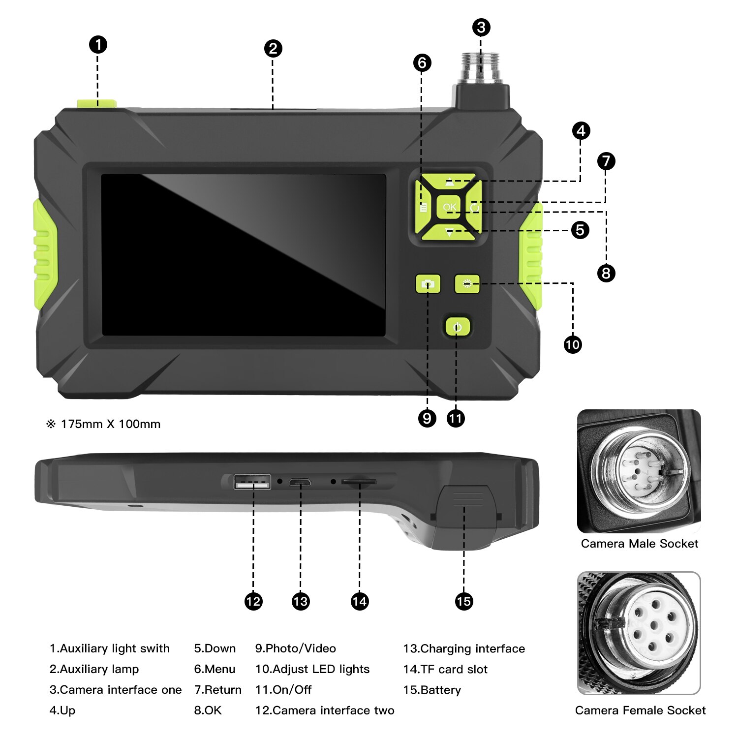 Endoscope 4.3 pouces LCD, écran couleur 1080P, portatif, industriel et domestique, avec 8 led, objectif de 8mm de diamètre
