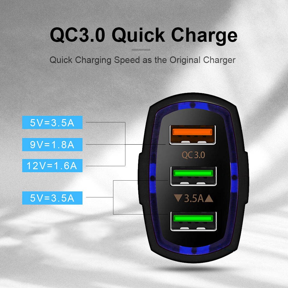 LOVECOM – chargeur de voiture à 3 Ports, Charge rapide 3.0, adaptateur double USB, pour téléphone iPhone Samsung Xiaomi