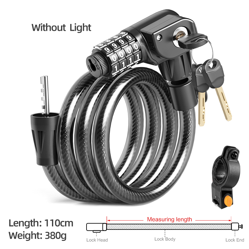 Xunting Bike Lock with Light Combination Keys Anti-theft Mountain Bike Lock General Bicycle Steel Cable Lock LED Luminous Locks: without light 110cm