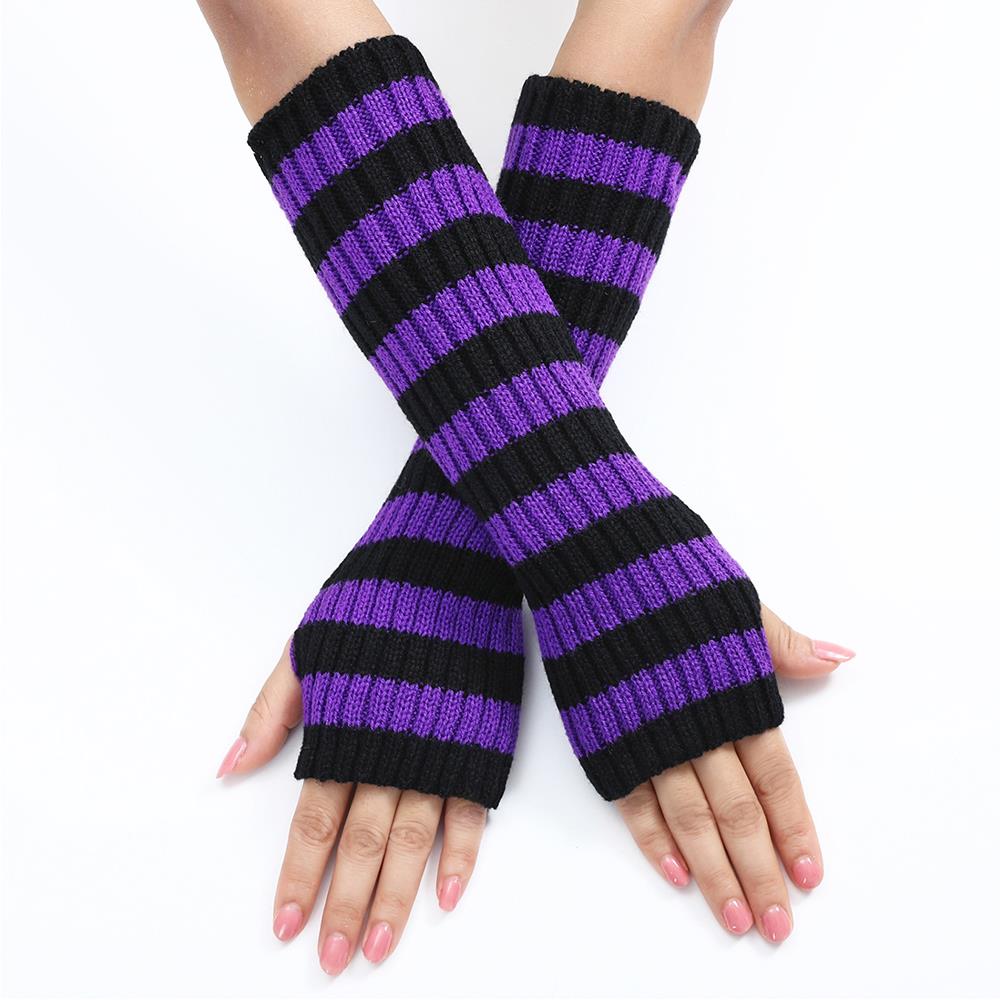 Women's Knitted Fingerless Arm Sleeves Gothic Style Striped Winter Long Arm Warmers Girls Harajuku Y2K Wrist Gloves: PURPLE
