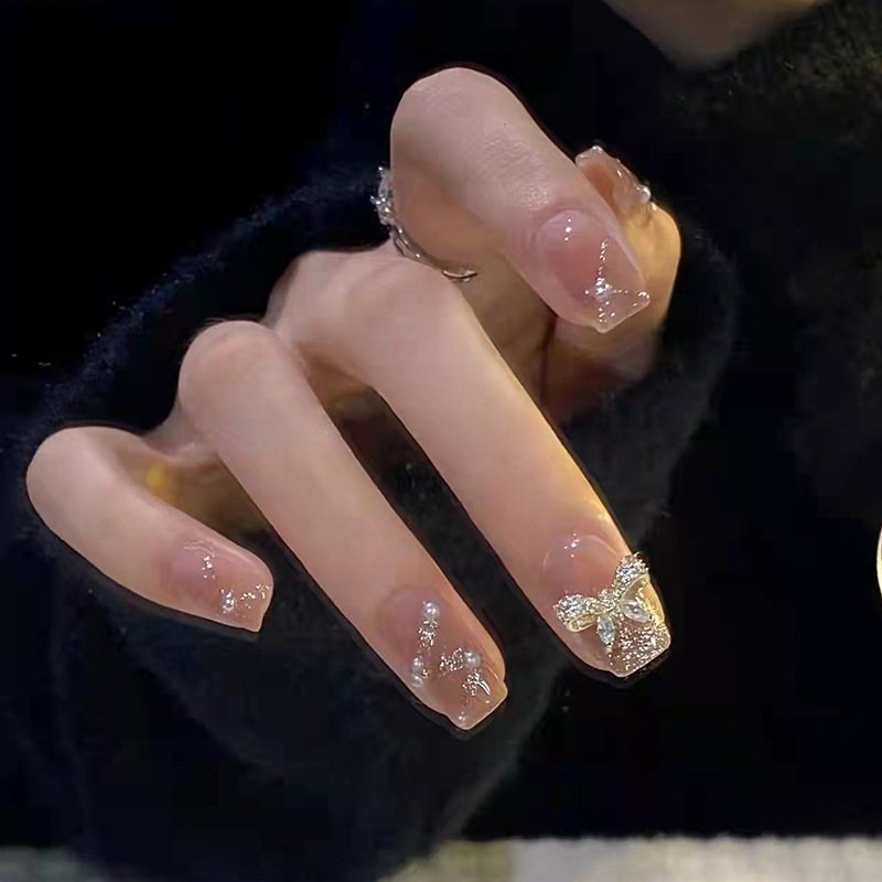 24pcs/box Stick On Nails with glue bear bow false nails bling press on nails nail supplies for professionals full cover: 219