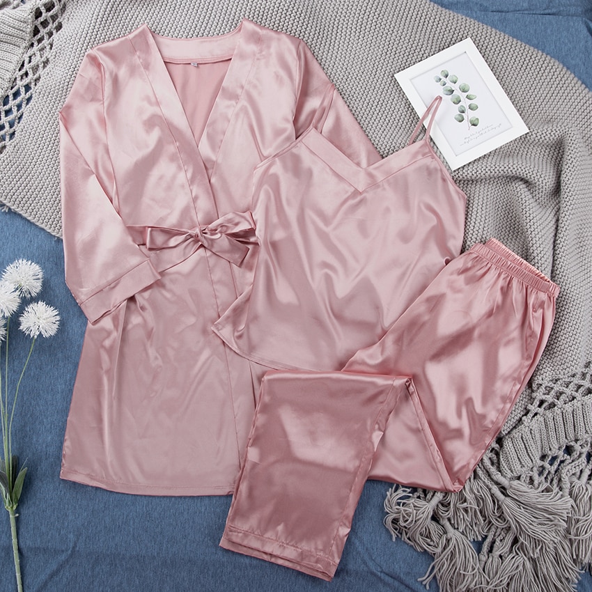 HiLoc Pink Satin Robe Sets Winter 3 Piece Set Silk Sleepwear Women Pajamas With Pants Sashes Long Sleeve Suit Sets Home Wear