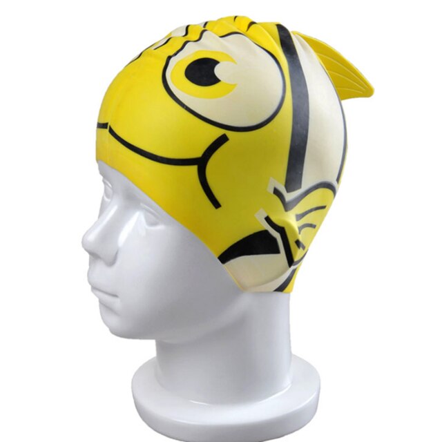 Swimming Cap kids Silicone Waterproof Protect fish Ear Shark Swim Pool Hat children Cartoon Boys Girls Diving hats: Yellow
