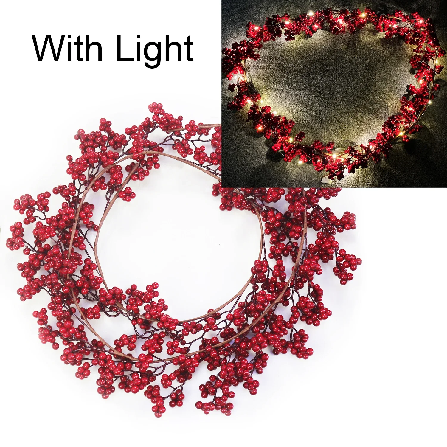 5.9ft/180cm Rode Bessen Kerstslinger Optionele verlichting Goud Zilver Bes Kunstmatige Garland Kerstdecoratie voor Nieuwjaar: Olijf