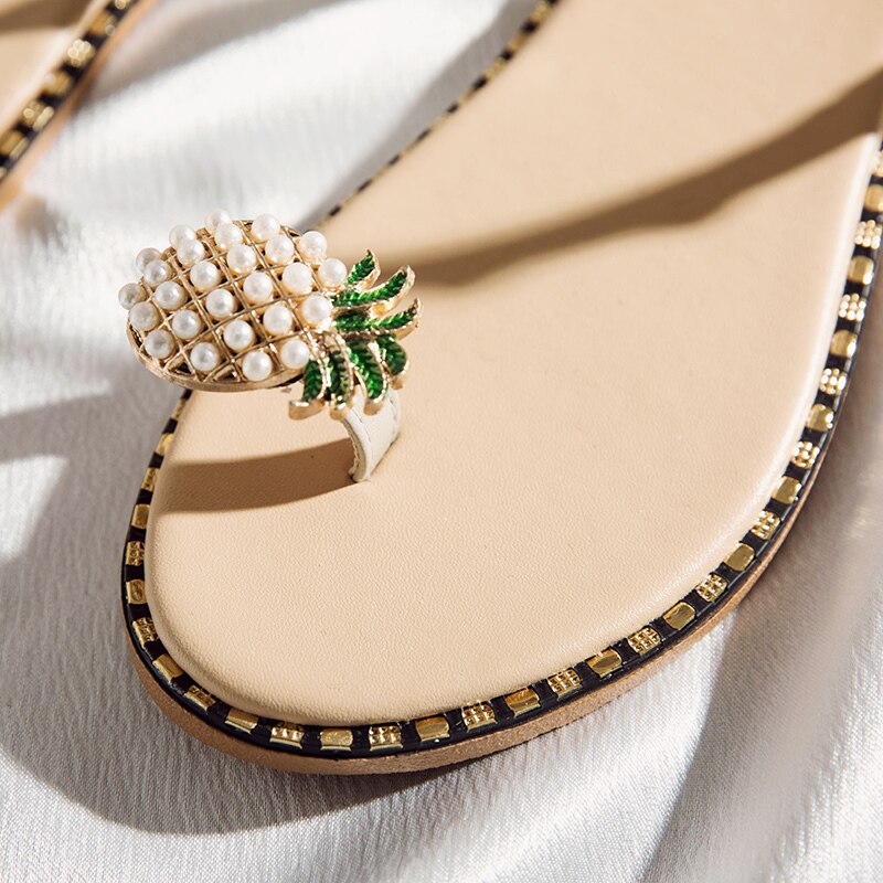 Sandales d&#39;été sans talon avec bague à l&#39;orteil, pour la plage, chaussures d&#39;extérieur pour femmes brillantes imitation cristal
