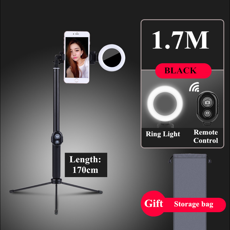 Tripé com iluminação led extensível 4 em 1, vareta para selfie, com suporte para celular, monopé, para iphone, 1.7m x 8 smartphone android,: 1.7 Black control