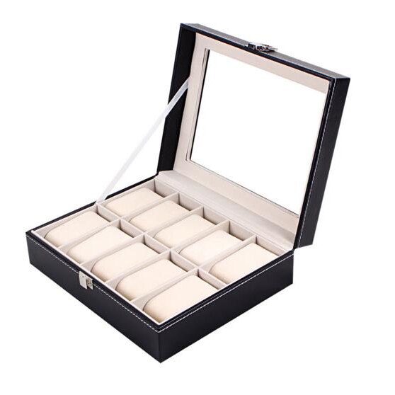 Watch Display Box - Luxury PU Leather Organizer - 2 to 12 Grids - Jewelry Storage Case: 10 grids