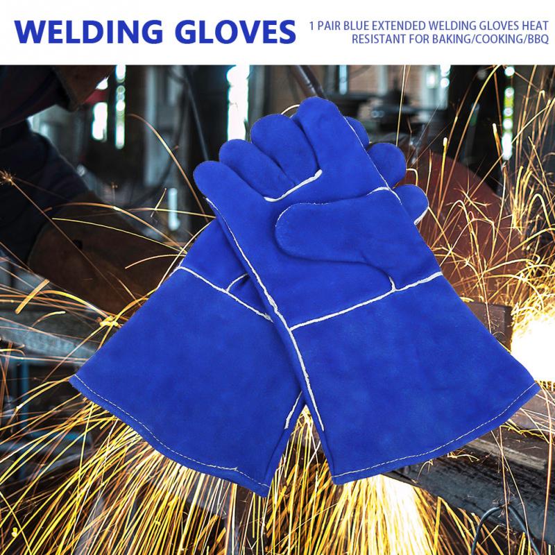 1 paar Blauw leer Verlengd Lassen Handschoenen Hittebestendige voor Bakken/Koken/BBQ