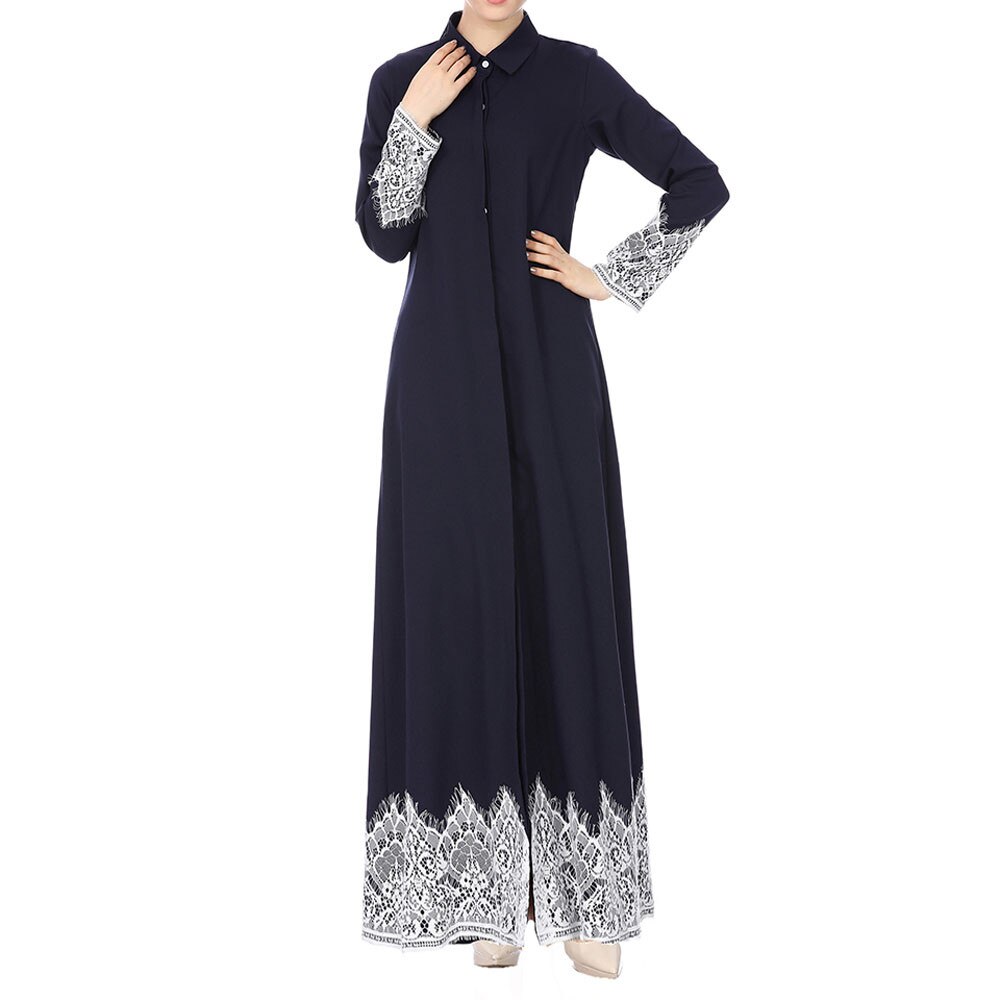Front Zipper Lace Sleeve Muslim Women Abaya Dress