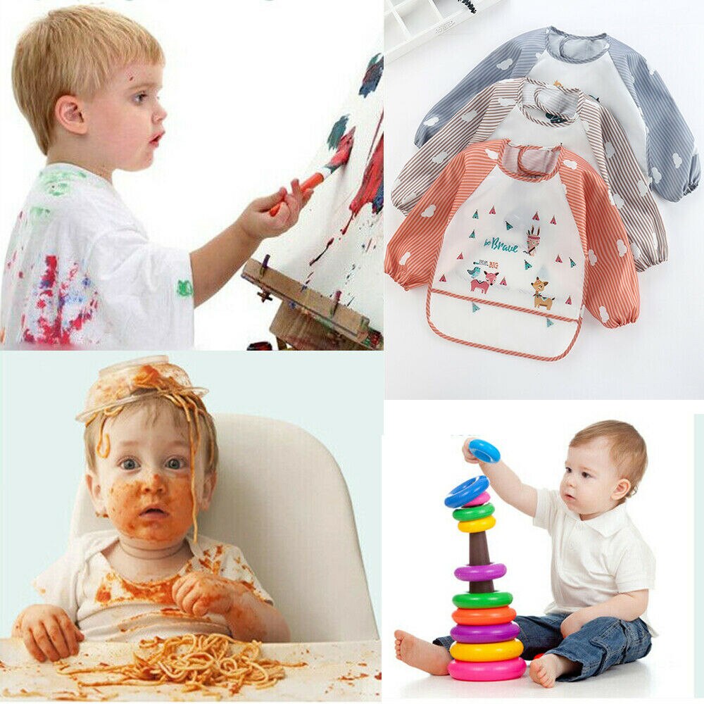 Pudcoco Baby Kids Toddler Long Sleeve Waterproof Art Smock Adjustable Cartoon Bib Burp Clothes Burp Feeding Bib Apron Pocket