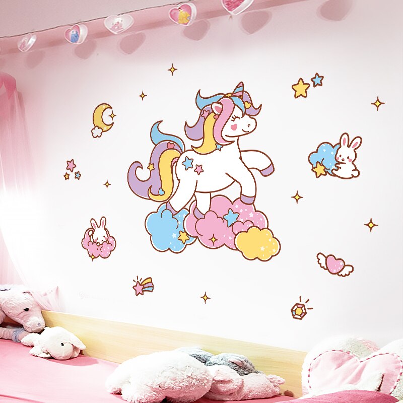Cartoon Cute Unicorn Wall Sticker Decoration Nursery Kid's Room Decor DIY Wallpapers Baby Girls Bedroom Pink Layout Mural Decals: A