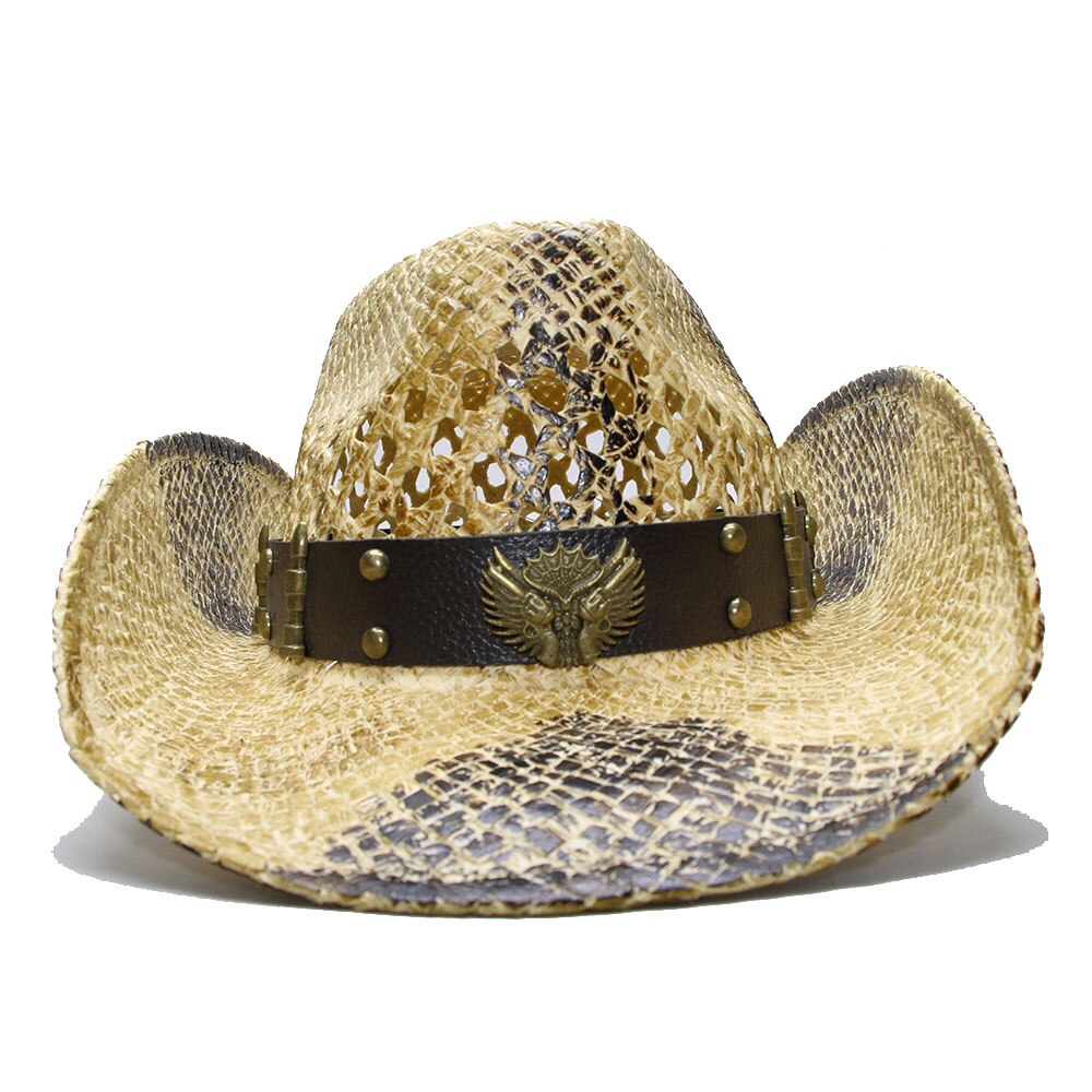 Luckylianji retro dam herr sommar halm strand bred brätte cowboy western cowgirl hatt ihåliga vapen skylt läderband (justerad)