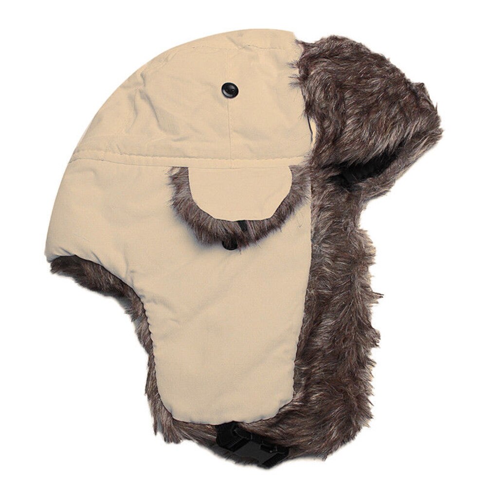 Unisex mænd kvinder russisk hat trapper bomber varm trooper øreklapper vinter ski hat solid fluffy imiteret pels kasket hovedbeklædning motorhjelm: Beige